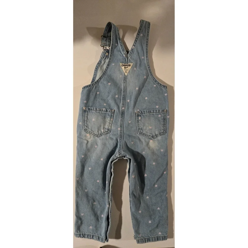 OshKosh B'gosh‎ Baby Girl's Vestbak Pink Hearts Denim Overalls Size 18M